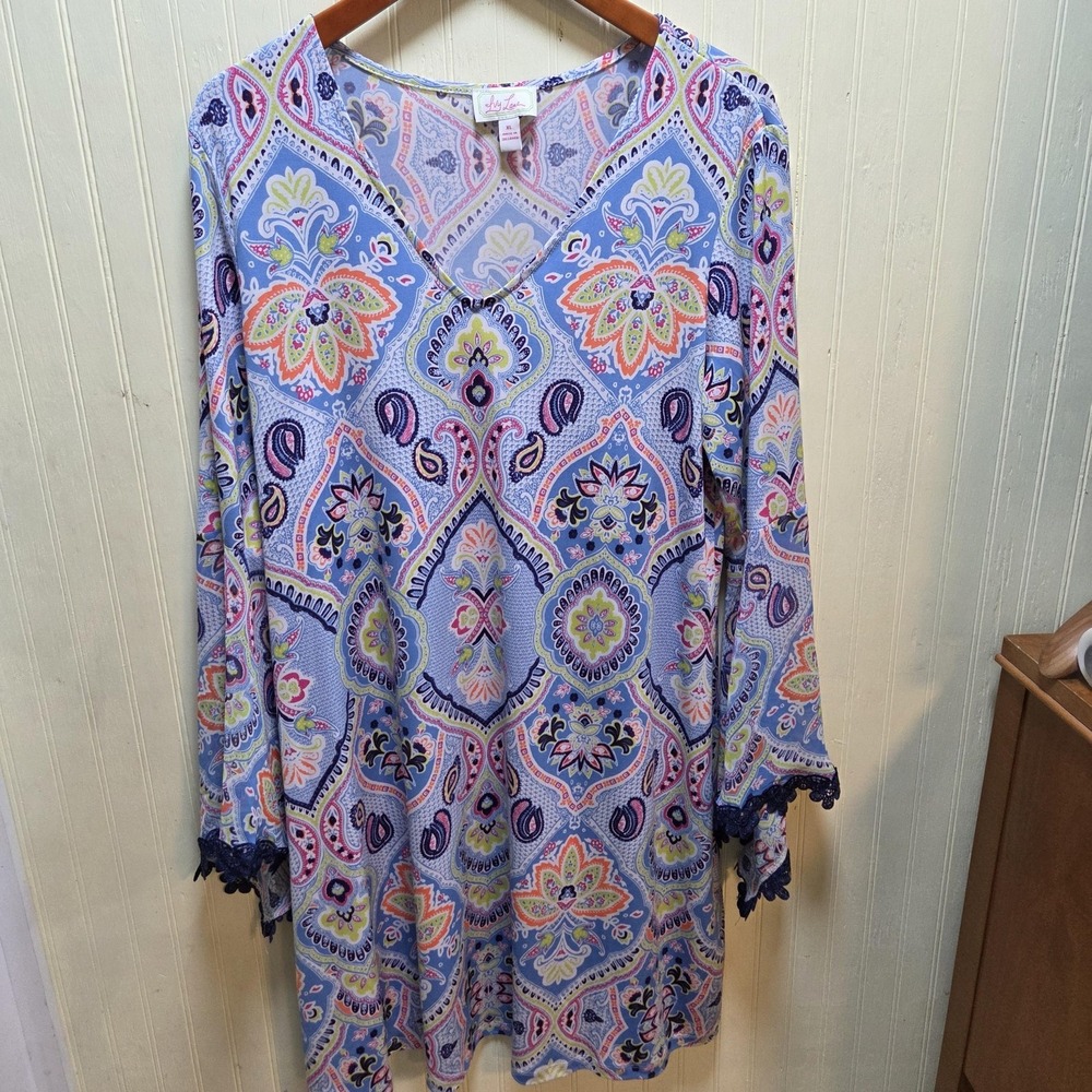 Ivy Lane Dress Womens XL Blue Paisley Bell Sleeve Crochet V Neck Shift Short‎